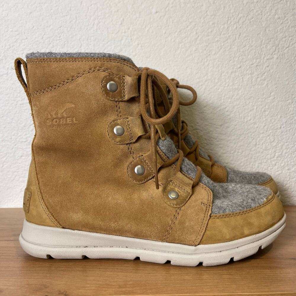 Sorel Explorer Joan Wateroproof Winter Boots Camel Brown/Moonstone Gray Size 9